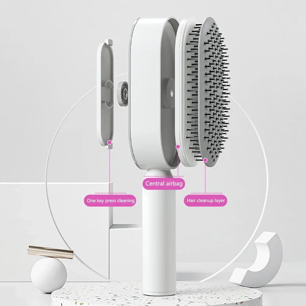 White ergonomic hairbrush with one-press cleaning and airbag tech, shown in exploded view.