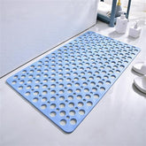 Light blue non-slip bath mat with circular holes, waterproof material, modern bathroom decor