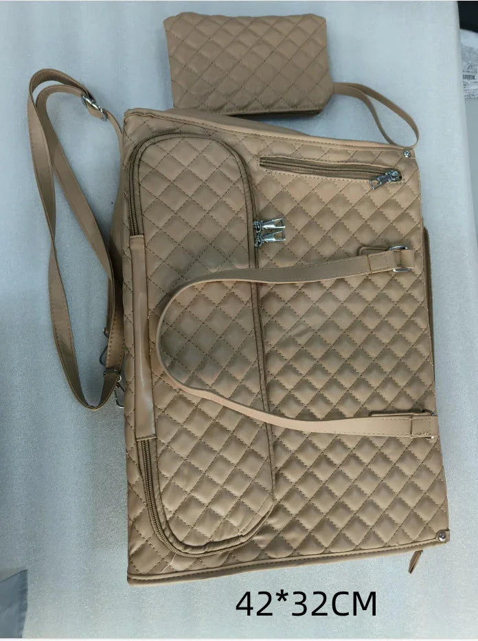 Beige quilted leather crossbody bag with matching pouch, multiple zip compartments, 42x32cm size.