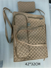 Beige quilted leather crossbody bag with matching pouch, multiple zip compartments, 42x32cm size.