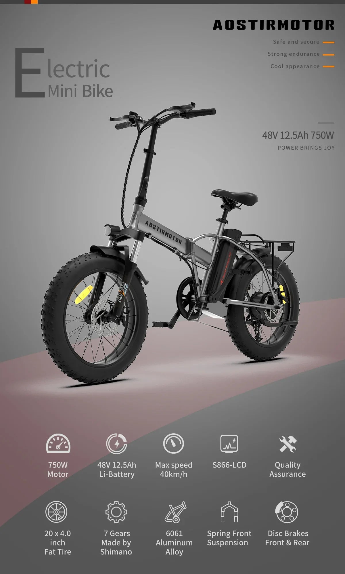 Gray electric mini bike with fat tires, foldable frame, and spring front suspension on display.