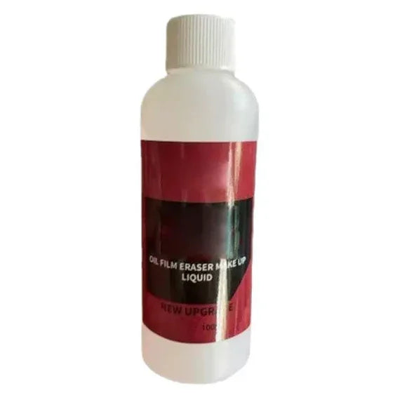 White plastic bottle with red label for oil film eraser makeup remover liquid