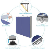 Foldable blue table tennis table with metal frame, detachable net, anti-slip pads, and carry handle