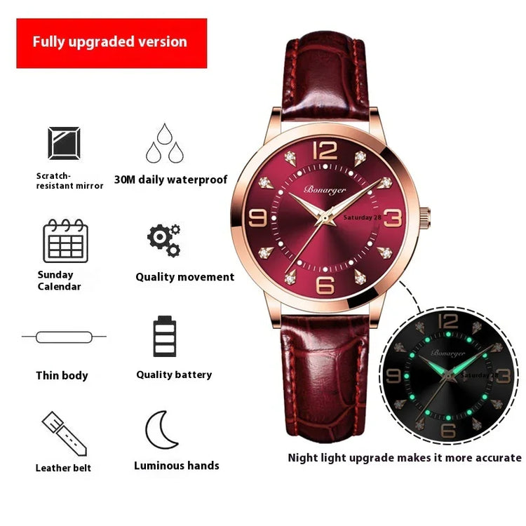 Red leather strap analog watch with gemstone markers, luminous hands, and waterproof feature