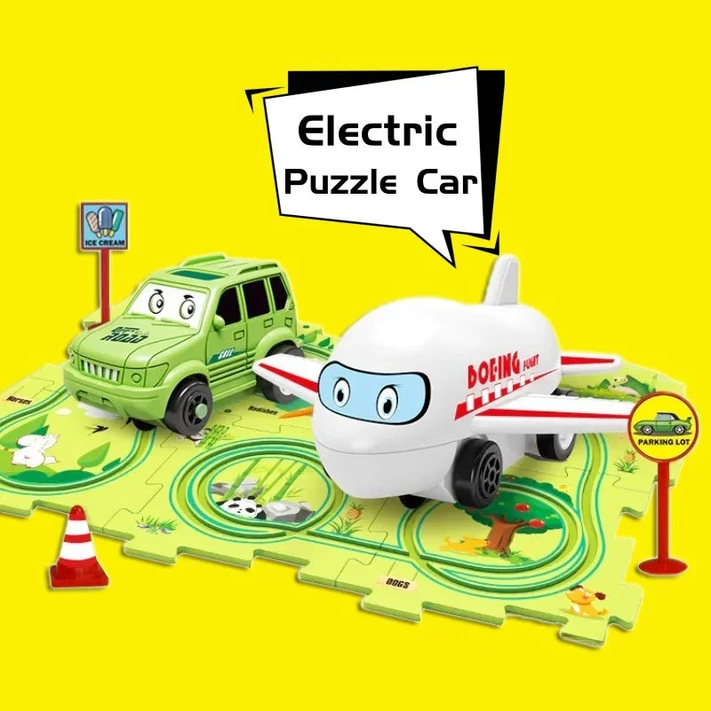 Toy car and airplane on colorful puzzle mat, cartoon style, bright yellow background