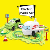 Toy car and airplane on colorful puzzle mat, cartoon style, bright yellow background