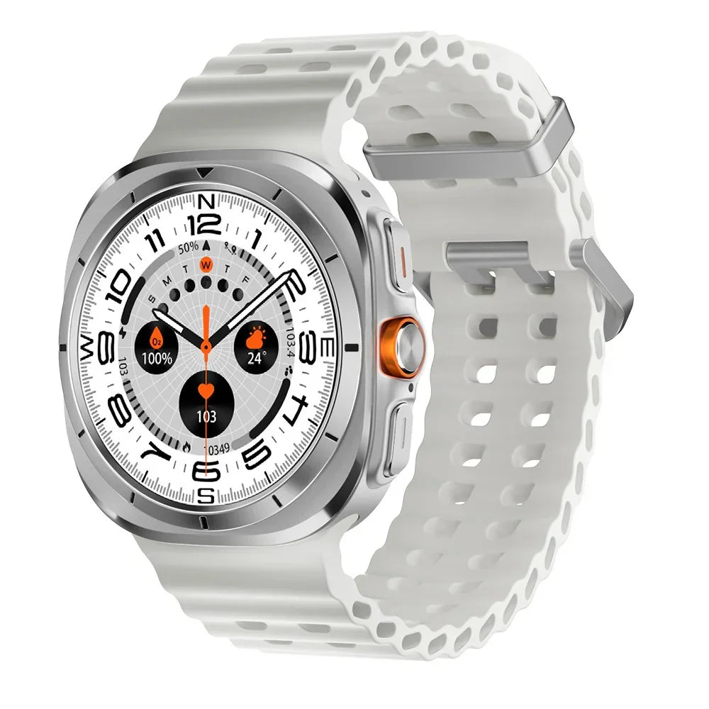 Futuristic silver smartwatch with white perforated silicone strap, digital display