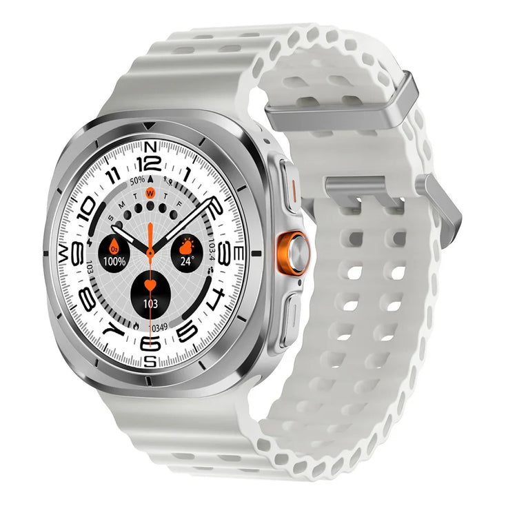 Futuristic silver smartwatch with white perforated silicone strap, digital display