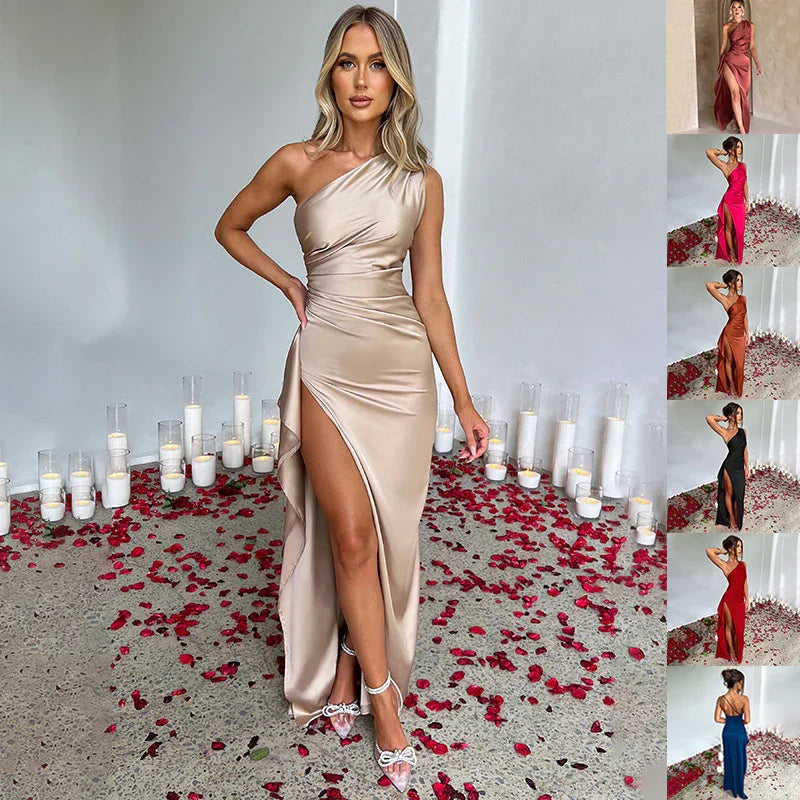 Woman in champagne satin one-shoulder evening gown with thigh-high slit, fitted silhouette