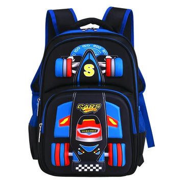 Blue and black kids' backpack with 3D race car design, structured fit, durable fabric