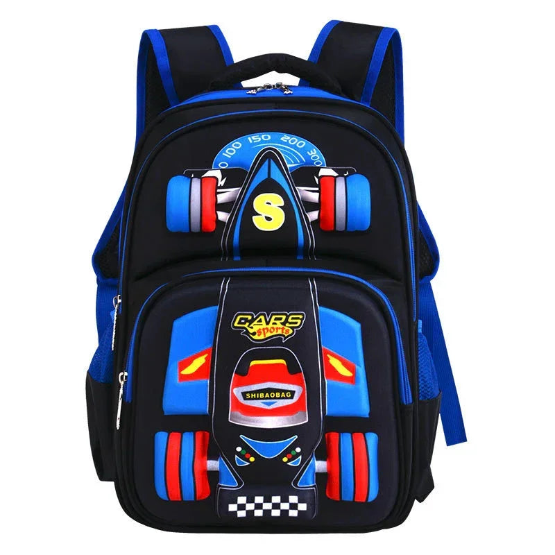 Blue and black kids backpack with colorful race car design, padded straps, and 3D details
