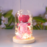 Pink teddy bear with preserved rose and flowers in glass dome with LED lights, decorative gift