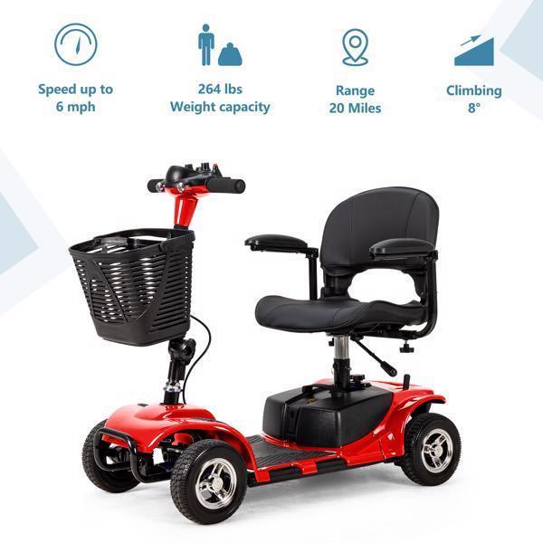 Red mobility scooter with black seat and front basket, four wheels, indoor studio setting