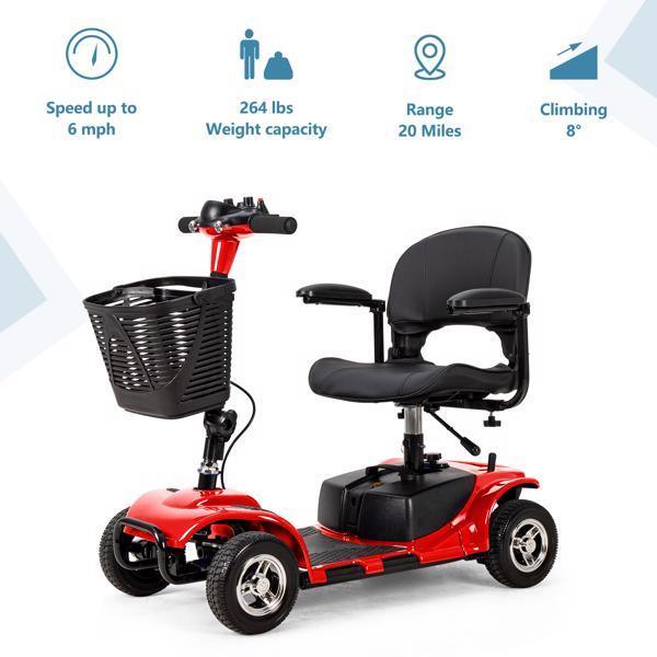 Red mobility scooter with black seat and front basket, four wheels, indoor studio setting