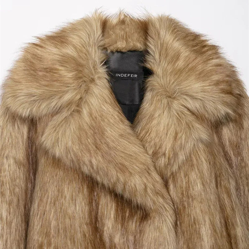 Brown faux fur coat with wide lapel collar and relaxed fit, soft plush texture