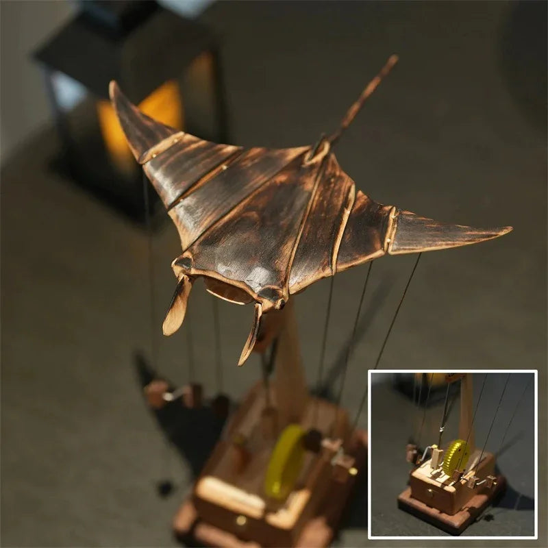 Wooden mechanical stingray model with intricate gears and lifelike wing details.