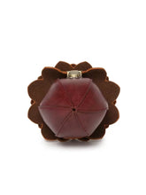 Unique brown and burgundy leather flower-shaped clutch with petal detailing and structured fit
