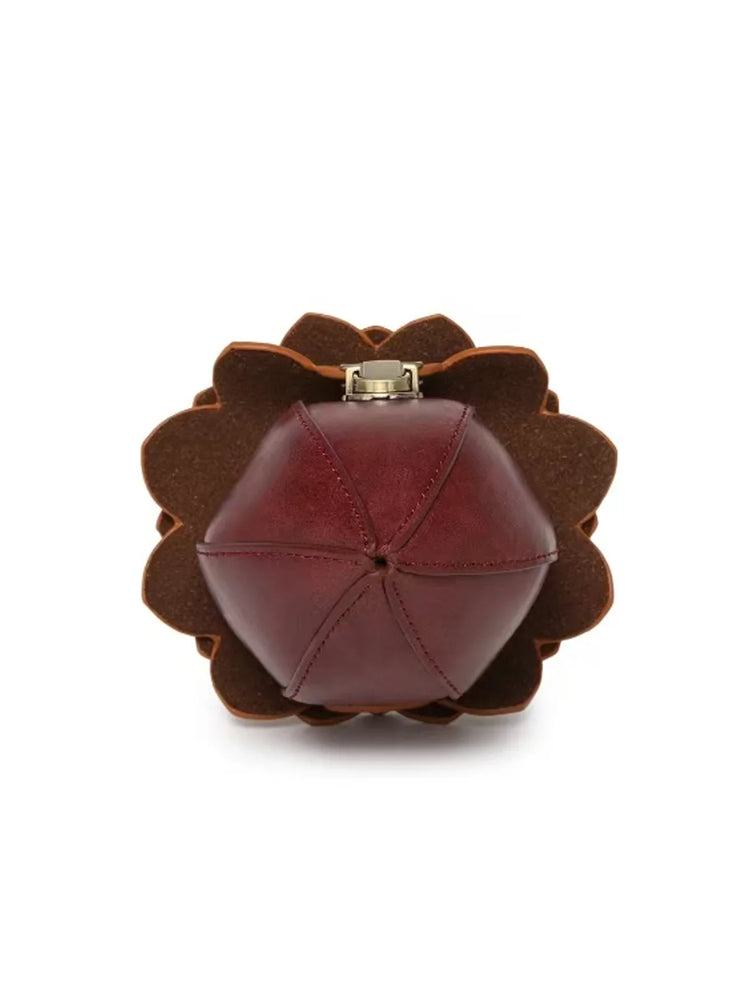 Unique brown and burgundy leather flower-shaped clutch with petal detailing and structured fit