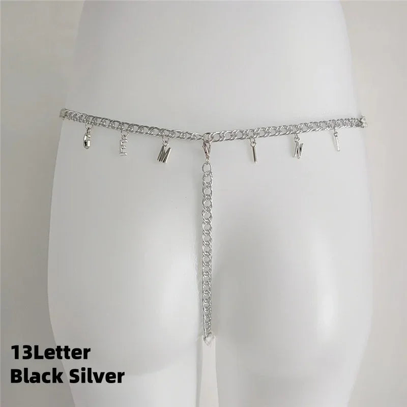 Silver chain waist belt with letter charms, minimalist streetwear accessory on mannequin