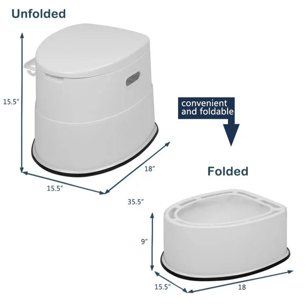 White portable folding toilet shown unfolded and folded, with size dimensions labeled.