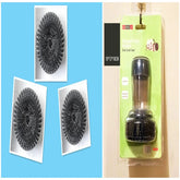 Detergent-filled dish scrubber with black steel brush head and replacement pads