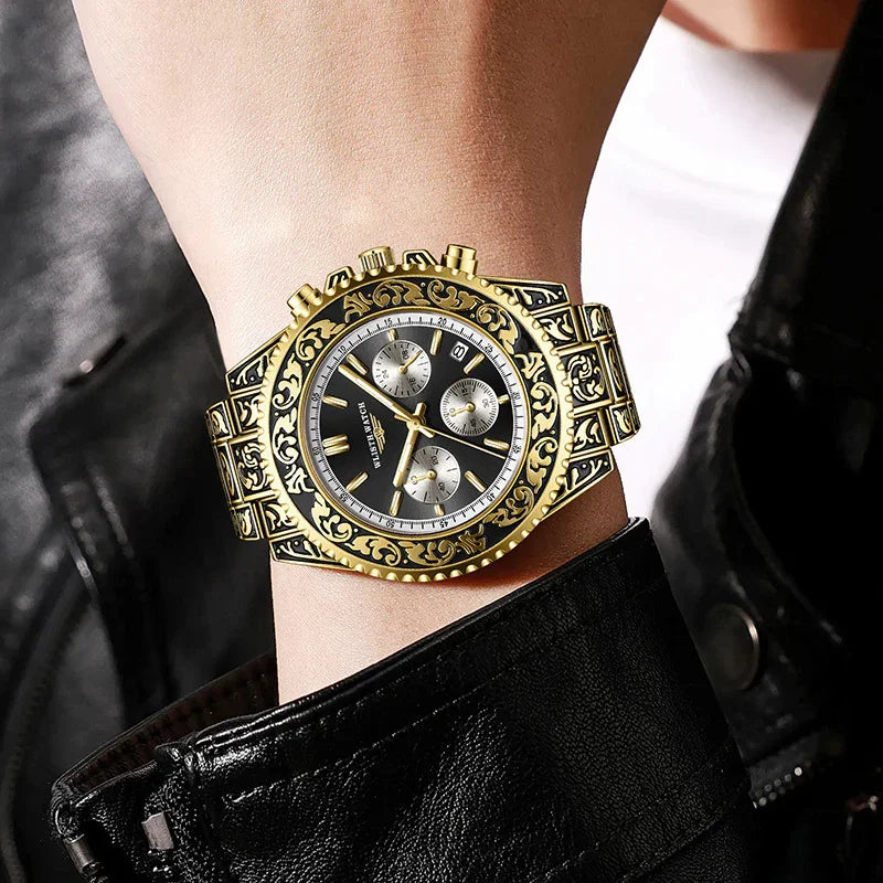 Gold stainless steel wristwatch with ornate detailing, black dial, and bold streetwear style