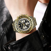 Gold stainless steel wristwatch with ornate detailing, black dial, and bold streetwear style