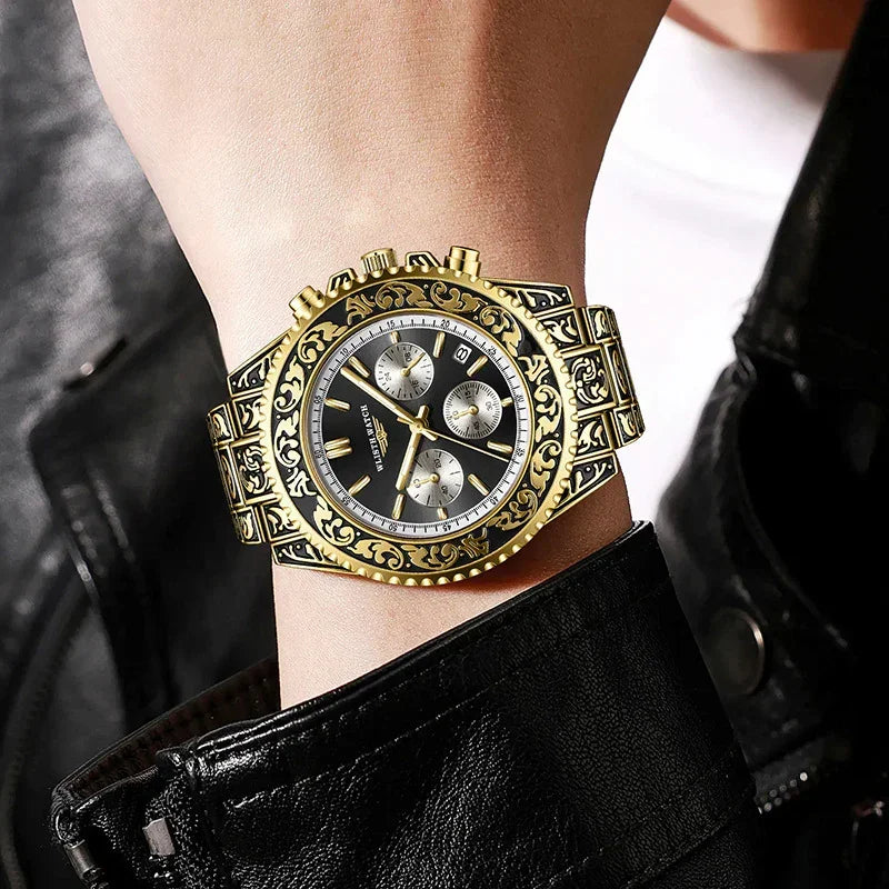 Gold stainless steel wristwatch with ornate detailing, black dial, and bold streetwear style