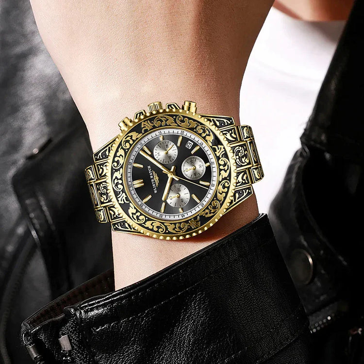 Gold stainless steel wristwatch with ornate detailing, black dial, and bold streetwear style