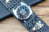 Black leather punk watch with silver skull accents and wide stitched strap