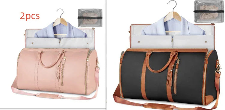 Travel duffel bags in pink and black with brown straps, shown with garment compartments and zippered pouches, ideal for stylish and organized packing.