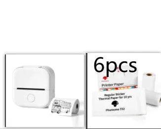 Compact white portable thermal printer with rolls of adhesive thermal paper, set of six.