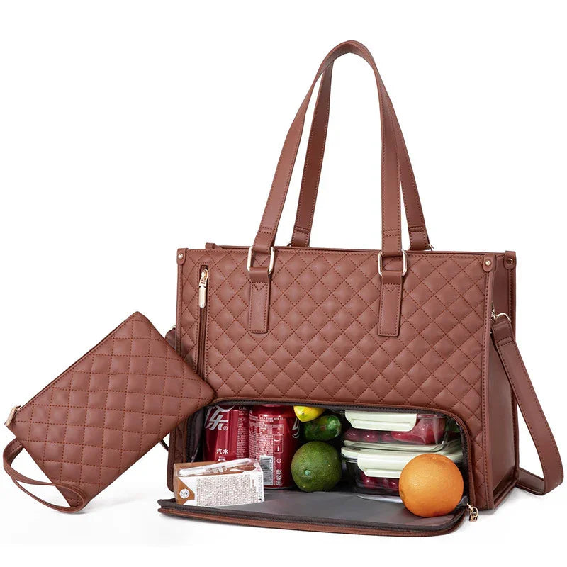 Quilted brown leather tote bag with matching pouch, insulated bottom compartment, and dual handles