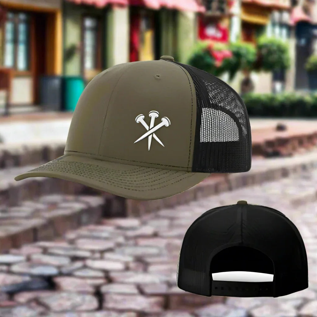 Olive green and black mesh trucker hat with embroidered nails graphic, adjustable fit