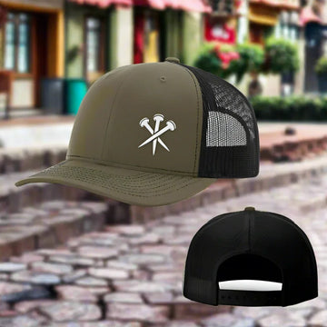 Olive green and black mesh trucker hat with embroidered nails graphic, adjustable fit