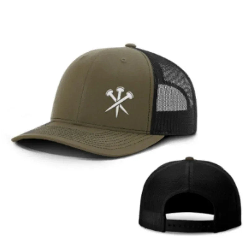 Olive green and black mesh trucker hat with embroidered white nail graphic, adjustable fit