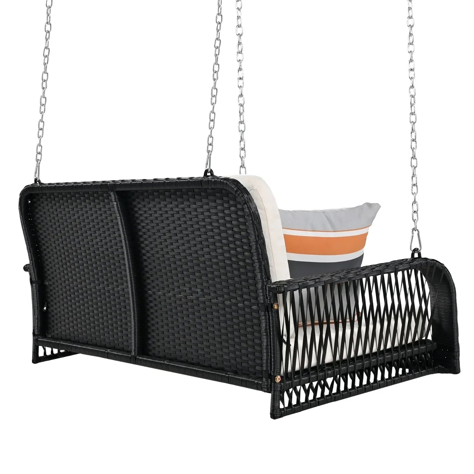 Black woven rattan hanging chair with thick beige cushion and striped accent pillow