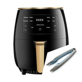 Black air fryer with digital display and gold handle, paired with silicone kitchen tongs.