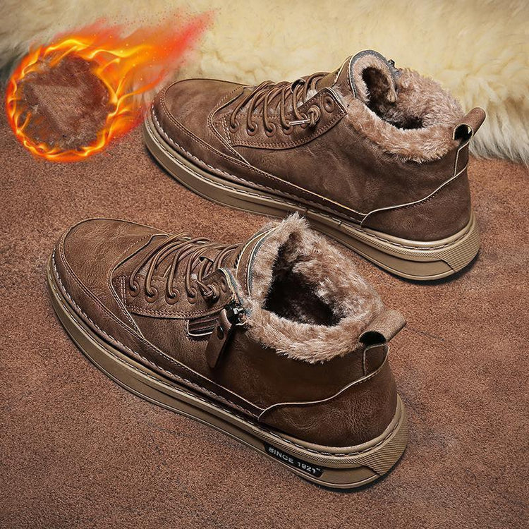 Brown faux leather winter boots with plush fur lining and lace-up design on suede surface