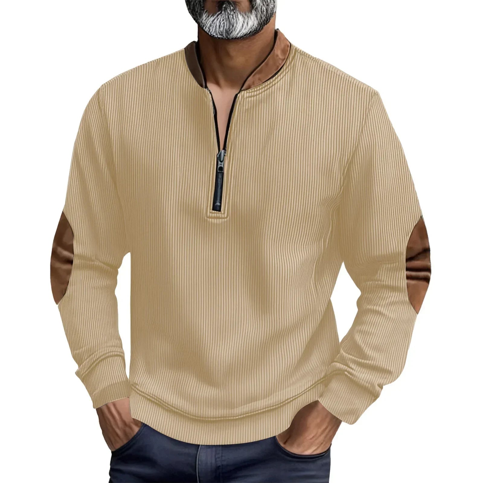 Beige ribbed pullover with brown suede elbow patches, half-zip collar, relaxed fit.
