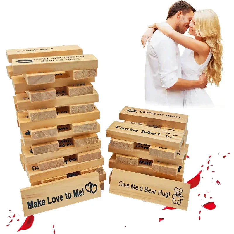 Couple in white clothing embracing beside wooden block game featuring romantic printed messages.