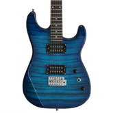 Electric guitar with blue flamed maple body, dual humbucker pickups, and chrome hardware