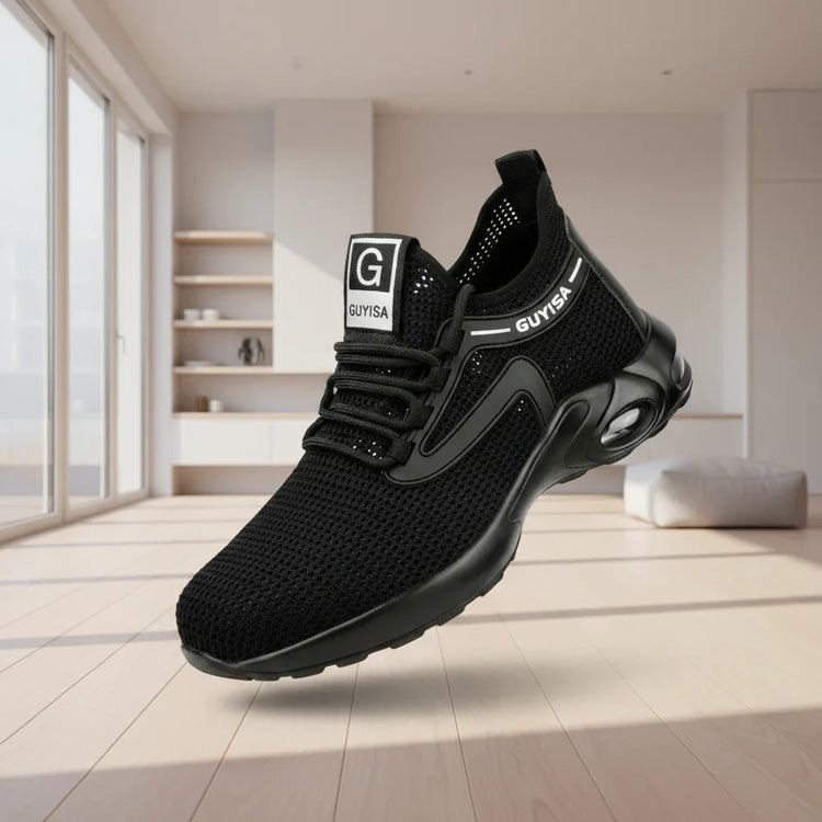 Black mesh athletic sneaker with cushioned sole and lace-up front, futuristic streetwear style