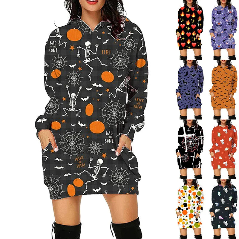 Women’s loose-fit hooded sweatshirt dress in various Halloween prints including pumpkins and skeletons, made of soft fabric.