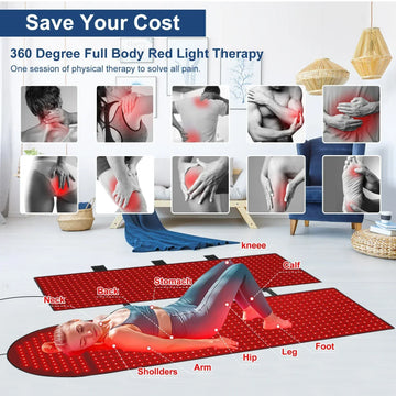 Woman in fitted athletic wear laying on red light therapy mat, highlighting relief points on neck, back, and legs.