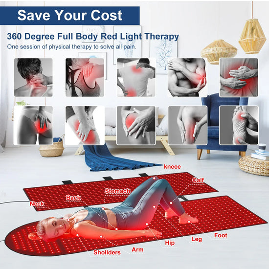 Woman in fitted athletic wear laying on red light therapy mat, highlighting relief points on neck, back, and legs.