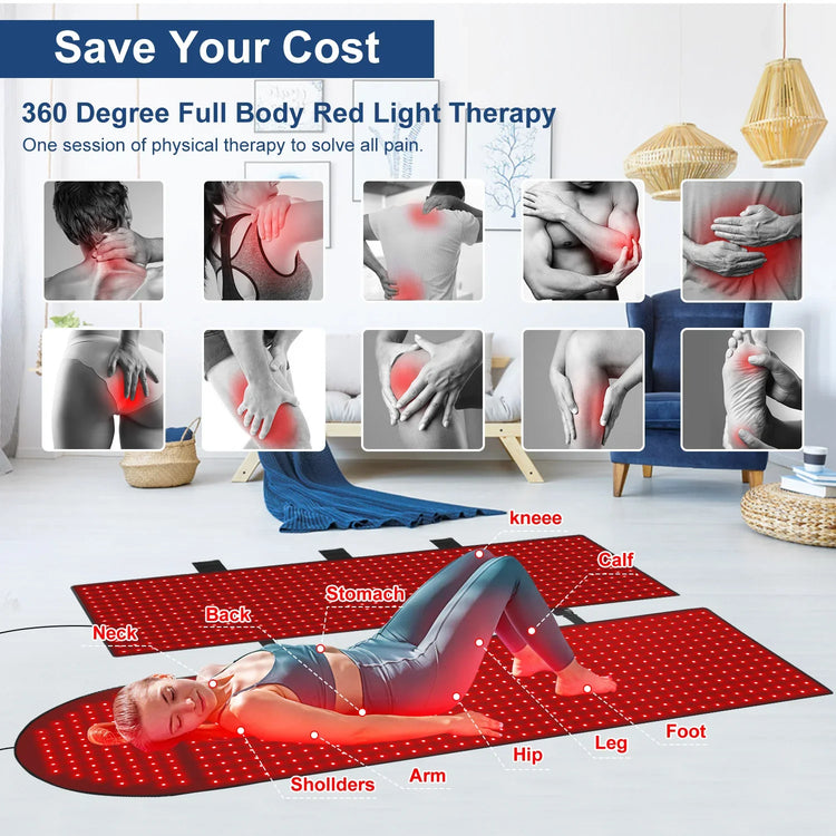 Woman in fitted athletic wear laying on red light therapy mat, highlighting relief points on neck, back, and legs.