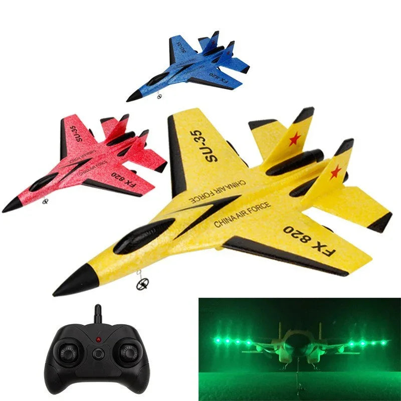 Colorful remote control foam jet planes in yellow, red, and blue with LED lights, shown with controller.
