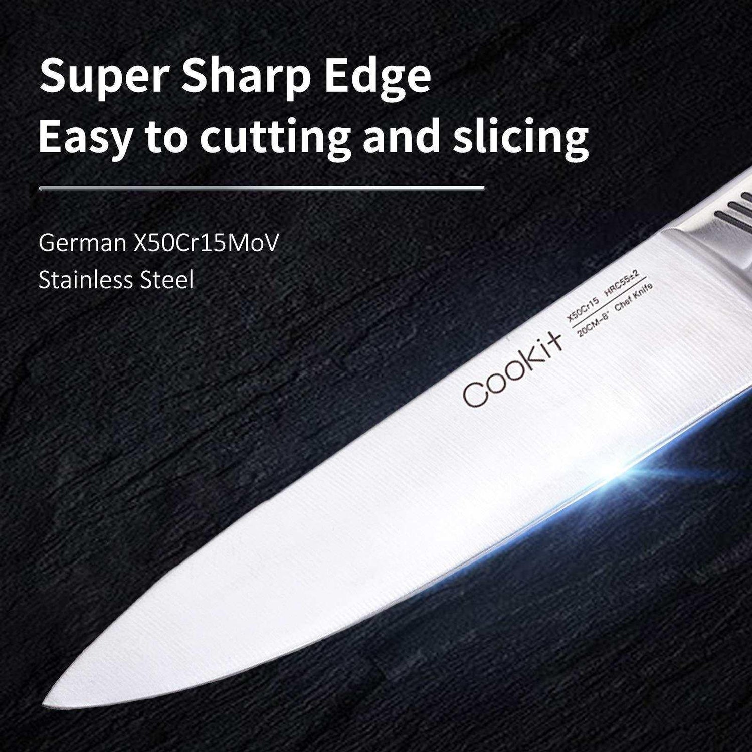 Stainless steel chef knife with sharp edge on dark textured background, closeup view