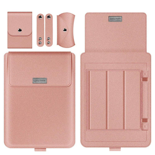Rose gold faux leather tech accessory set with laptop sleeve, pouch, and organizers